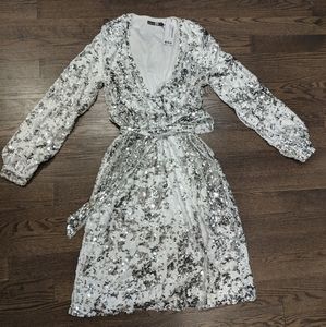 Silver sequin plunge belted midi dress